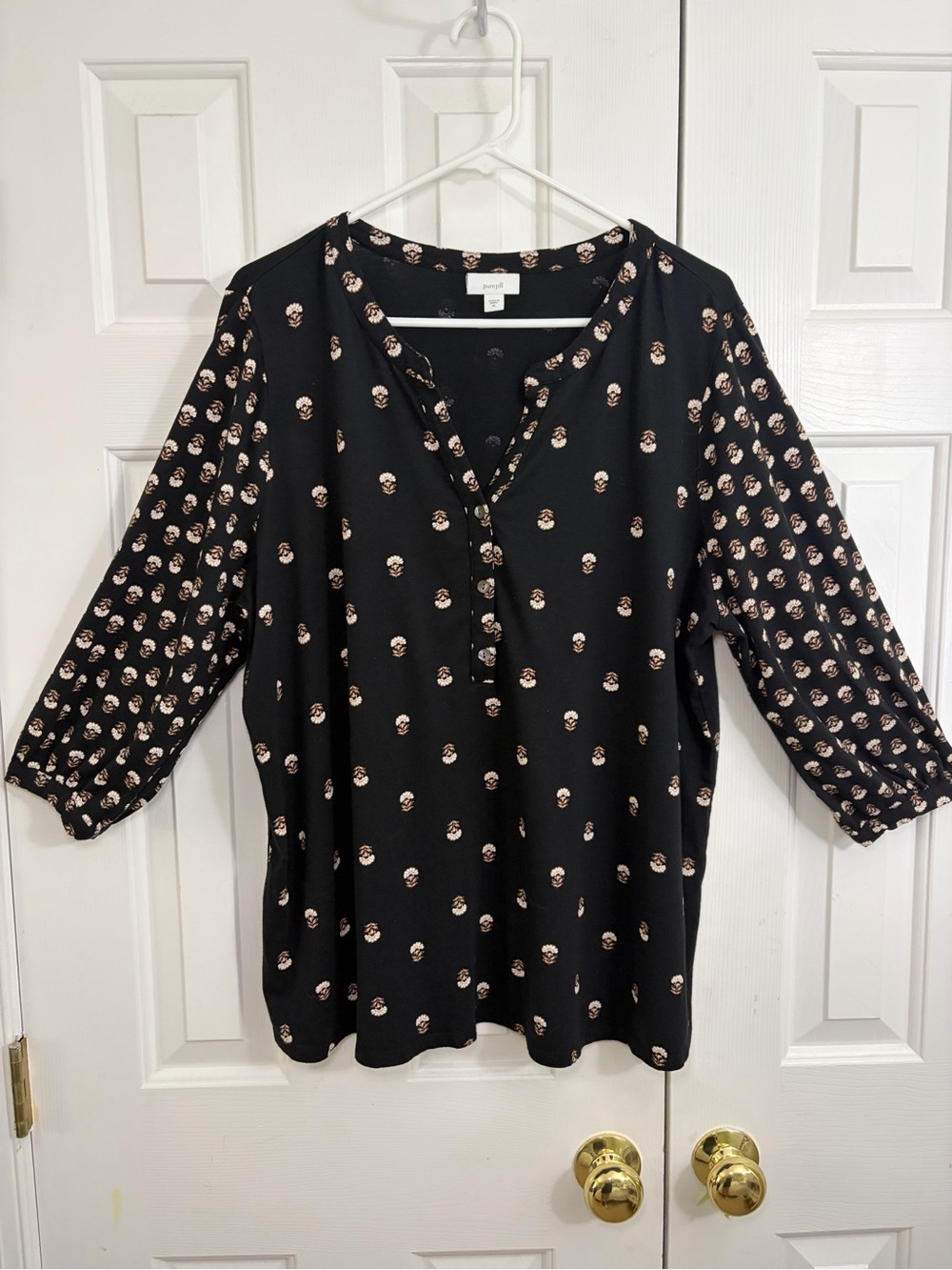 J Jill Pure Jill Black Split Neck Floral Print 3/4 Sleeve Top XL